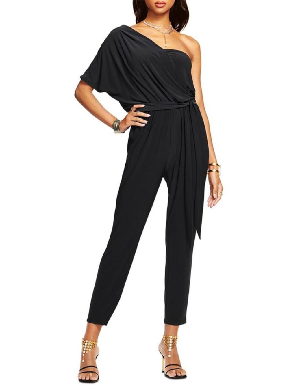Ramy Brook Toma Black One Shoulder Tie Waist Jumpsuit Size S